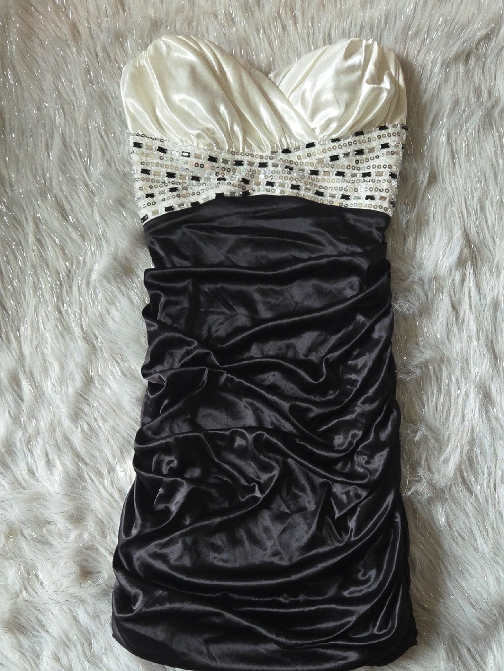 B Darlin Strapless Black and Cream Satin Cocktail Dress with Beaded Waist